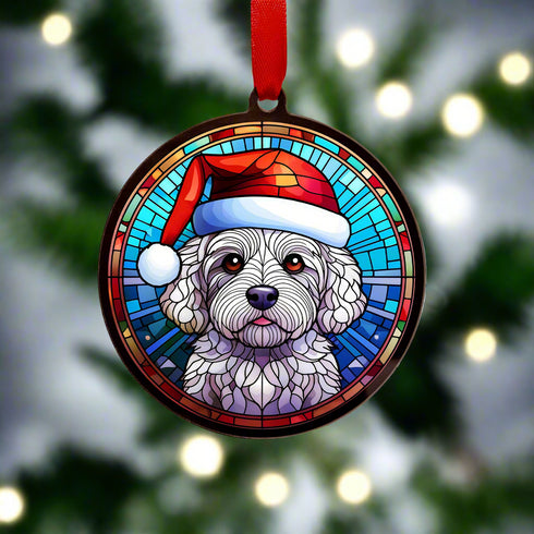 Bichon Frise in Santa Hat Suncatcher Decoration